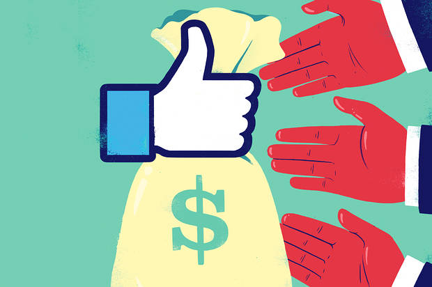 A thumbs-up icon emerging from a money bag with red hands reaching toward it, symbolizing social media monetization or influencer earnings.
