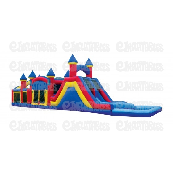 Colorful inflatable castle with slides, tunnels, and turrets for kids' parties and events.
