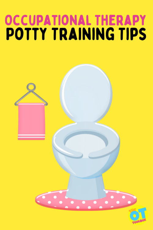 Illustrated potty training guide with toilet, pink polka-dot mat, and towel-Occupational Therapy Potty Training Tips.