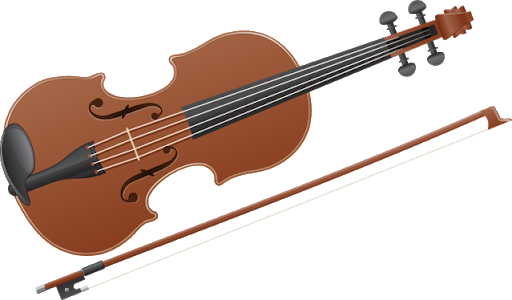 A classic wooden violin with four strings and a matching bow, illustrated in warm brown tones against a white background.
