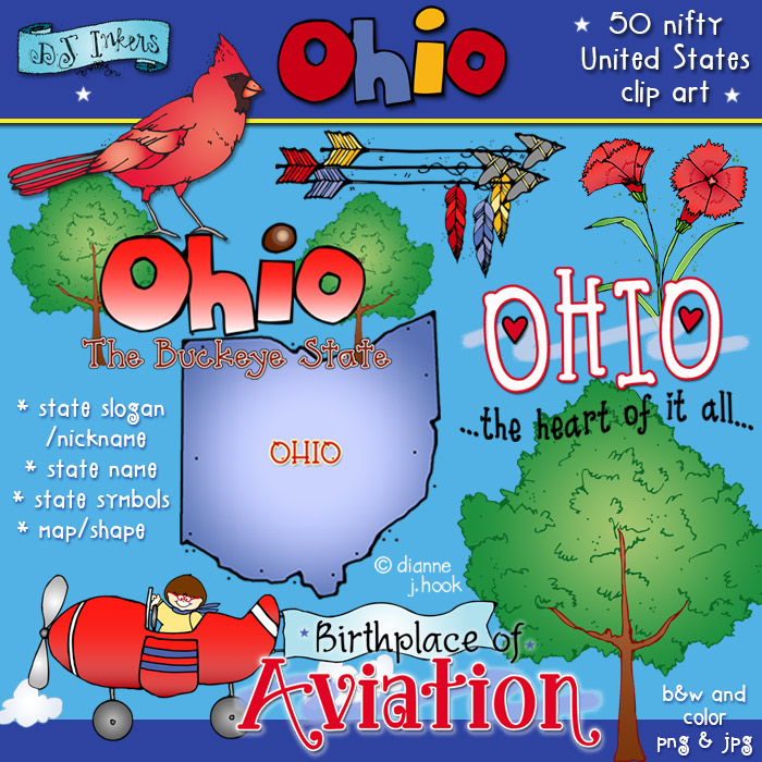 Ohio-themed clip art featuring cardinal, buckeye tree, state map, red airplane, and state symbols.