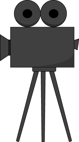 Vintage-style cartoon movie camera on a tripod with twin lens reels, monochrome illustration.