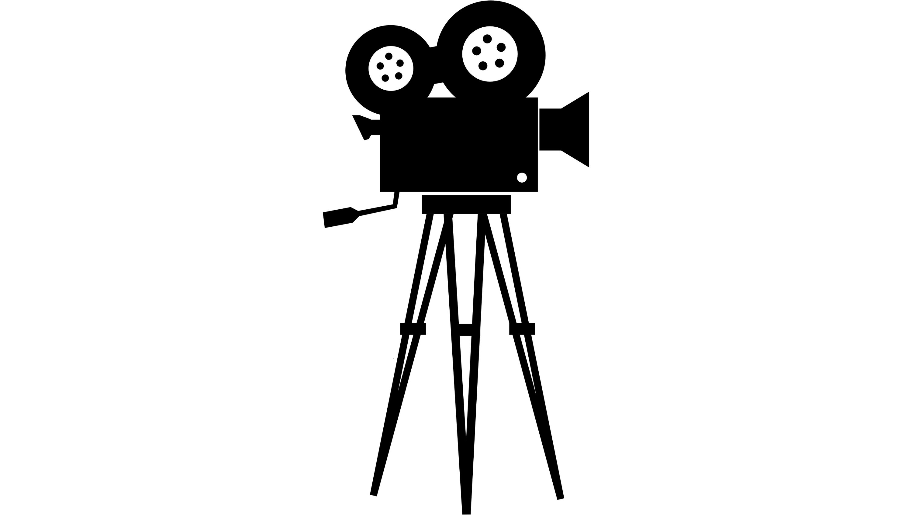 Black silhouette of a vintage film camera on a tripod with two reels and a lens.