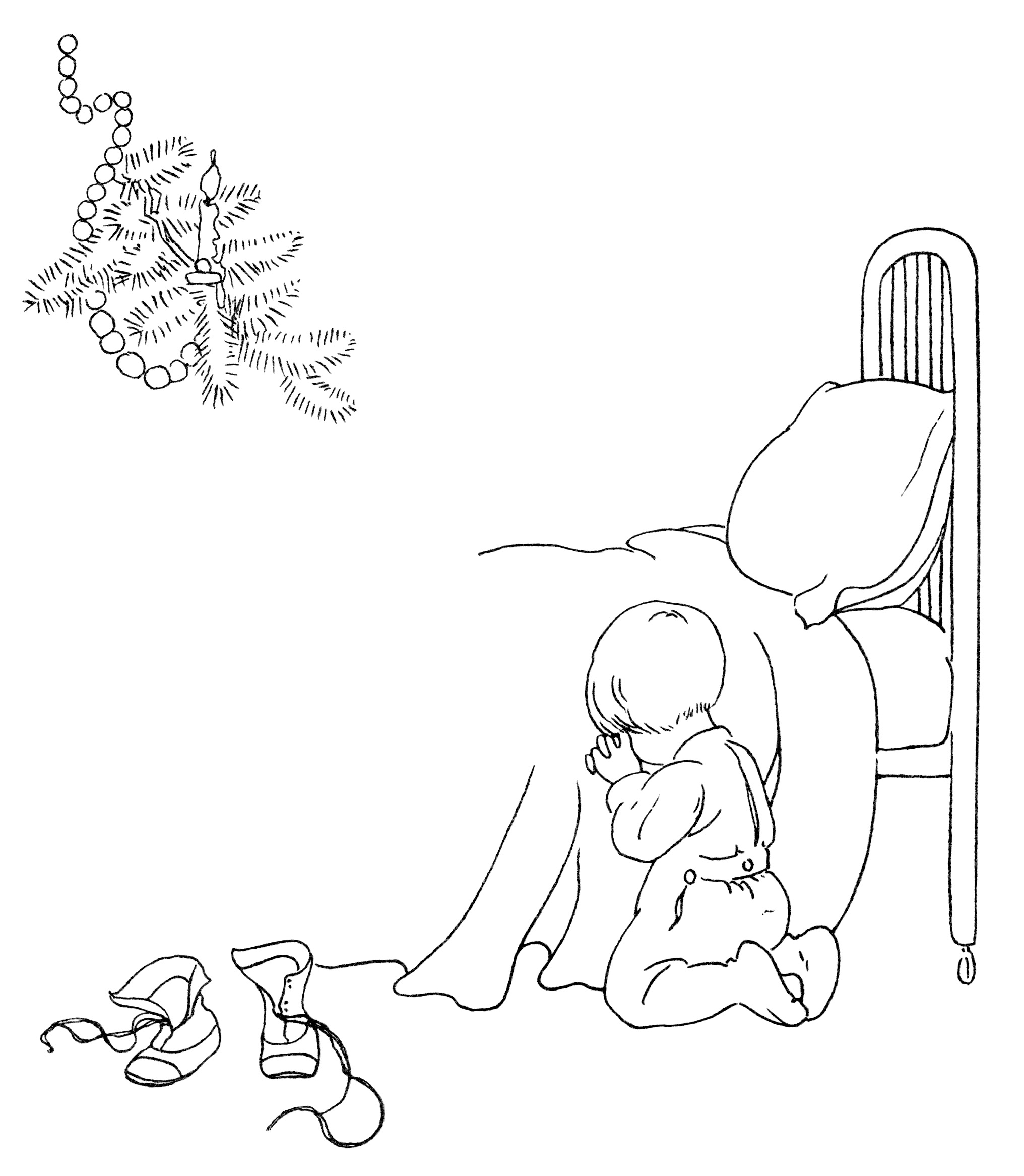 A child kneels beside a bed in prayer, with a decorated Christmas tree branch and scattered shoes nearby.