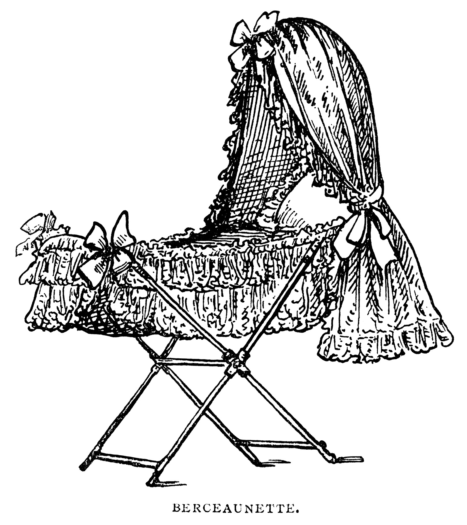 Vintage ornate berceauette (baby cradle) with lace, ruffles, bows, and a folding X-frame stand, labeled "BERCEAUNETTE."