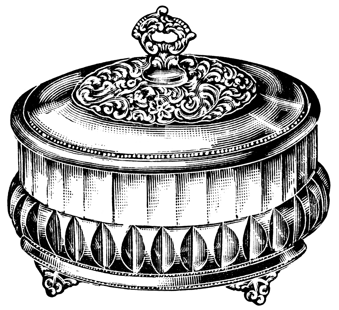Ornate vintage silver lidded box with floral scrollwork, beaded rim, fluted body, and decorative feet.