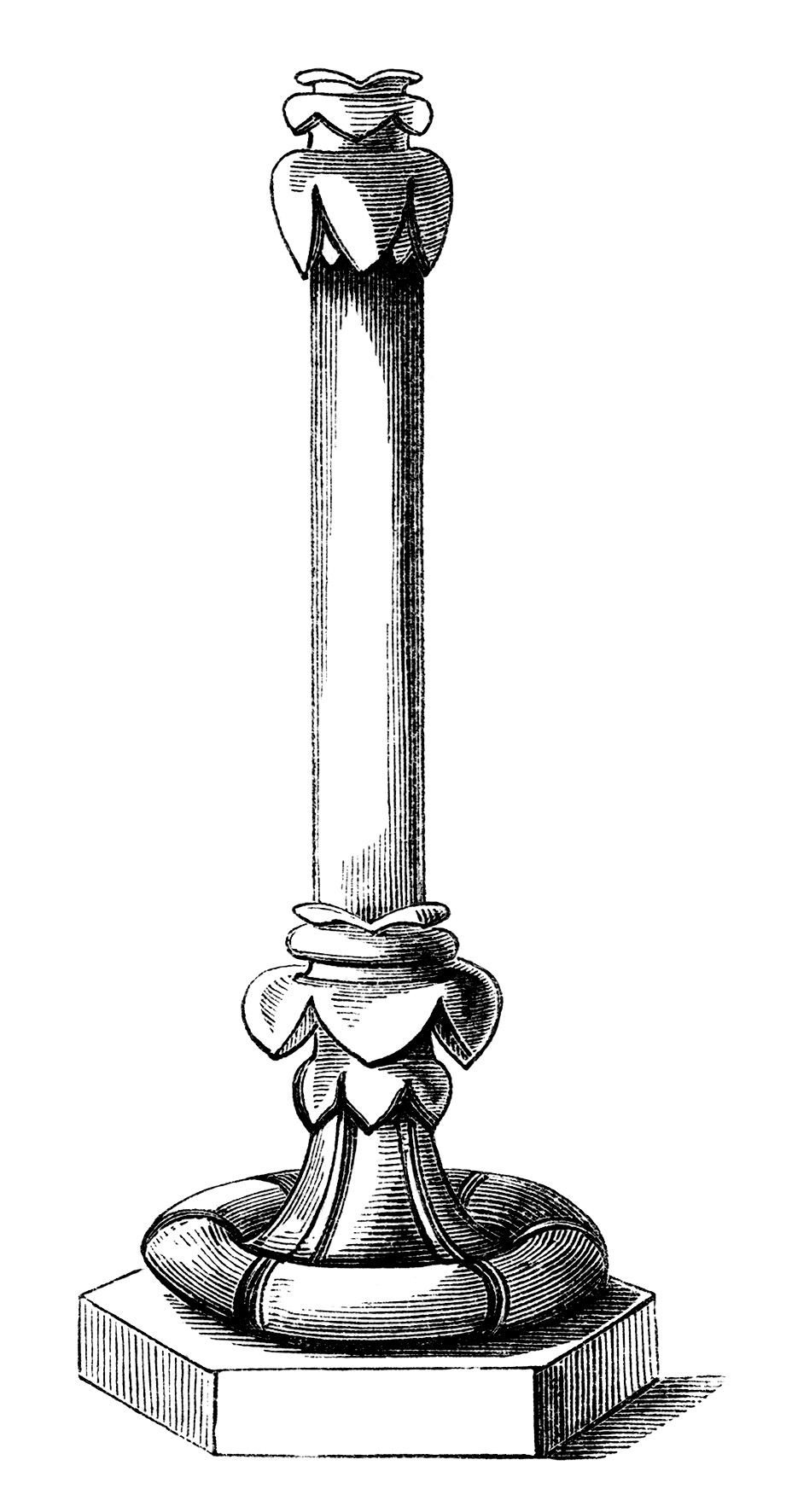 Ornate Gothic-style candlestick with fluted shaft, foliate capitals, and hexagonal base, rendered in detailed line engraving.