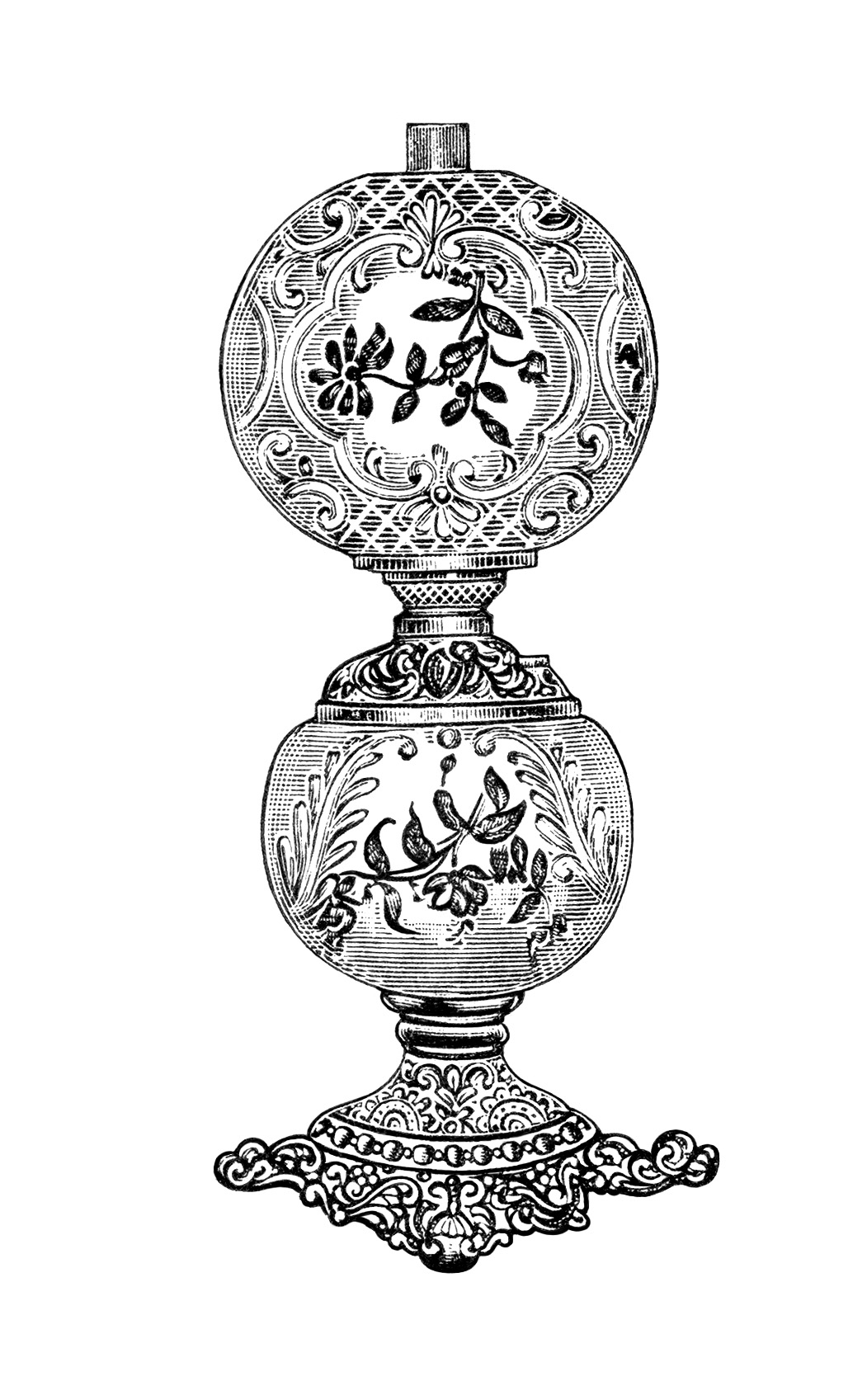 Intricately engraved vintage oil lamp with floral motifs and ornate scrollwork on glass reservoir and base.