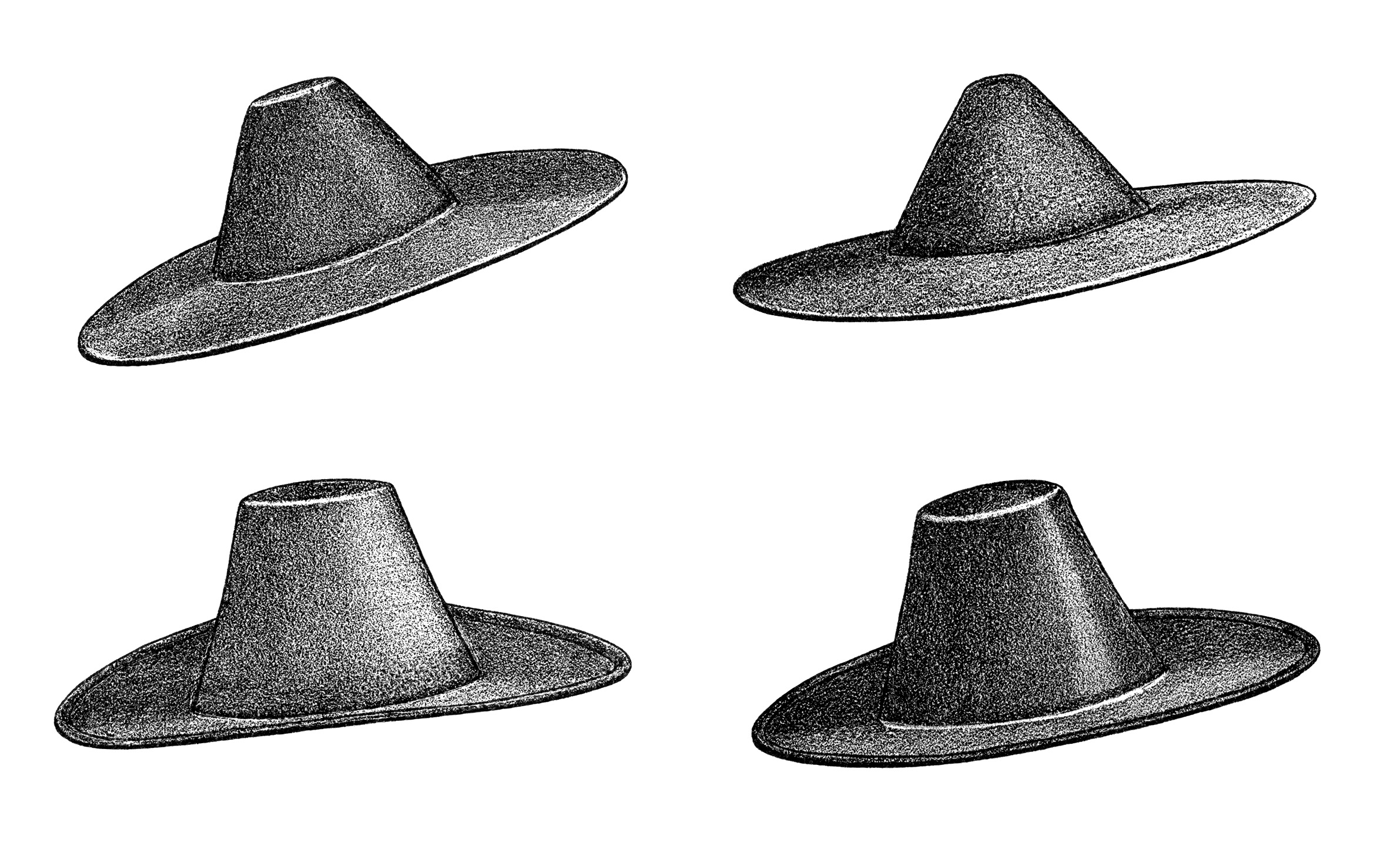 Four vintage wide-brimmed hats in stippled black-and-white illustration, shown from different angles.