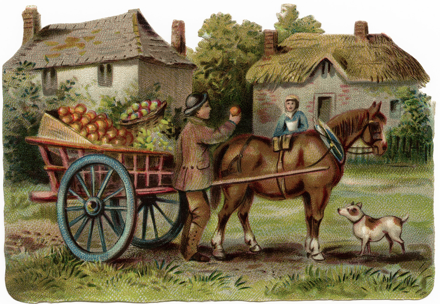 Victorian-era rural scene: man offering fruit from horse-drawn cart to child on horse, with cottage, dog, and harvest bounty.