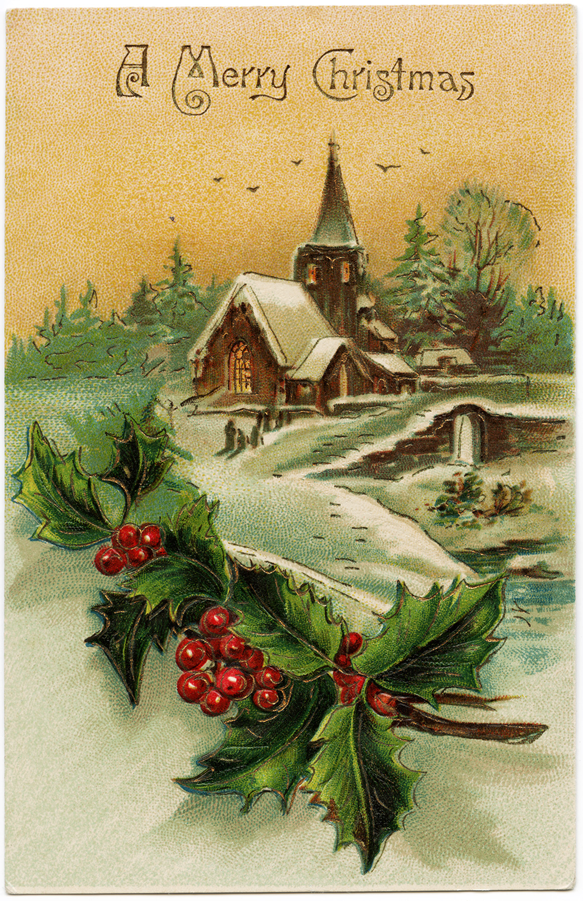 Vintage Christmas card with snowy church scene, holly berries, and "A Merry Christmas" text.
