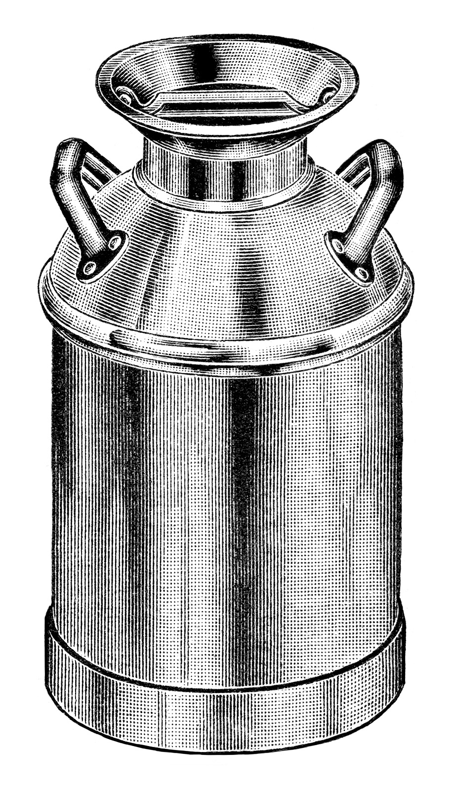 Vintage metal milk can with dual handles and wide funnel top, detailed line engraving illustration.