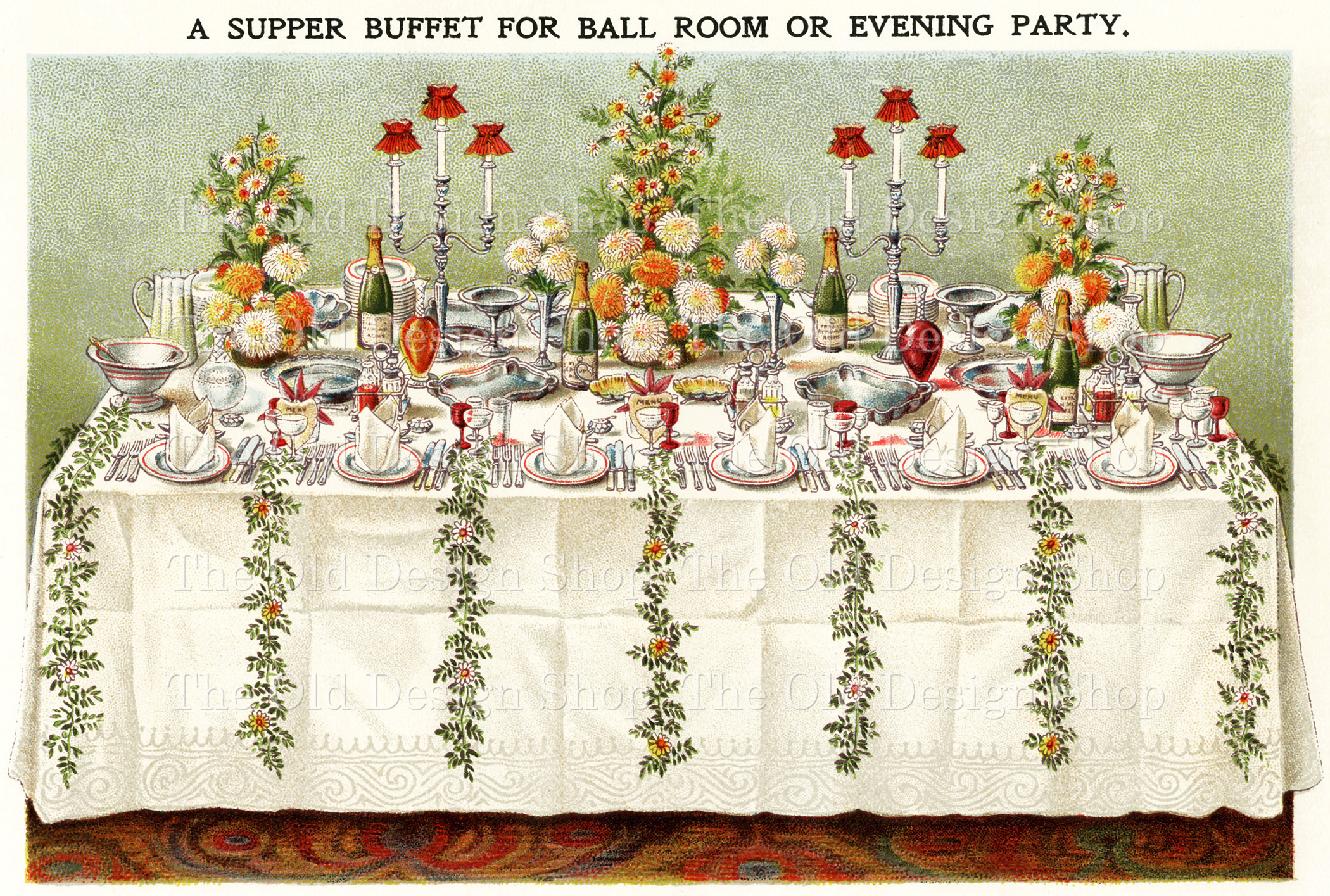 Vintage illustration of an ornate supper buffet table set for a ballroom or evening party with floral garlands, candelabras, and fine china.