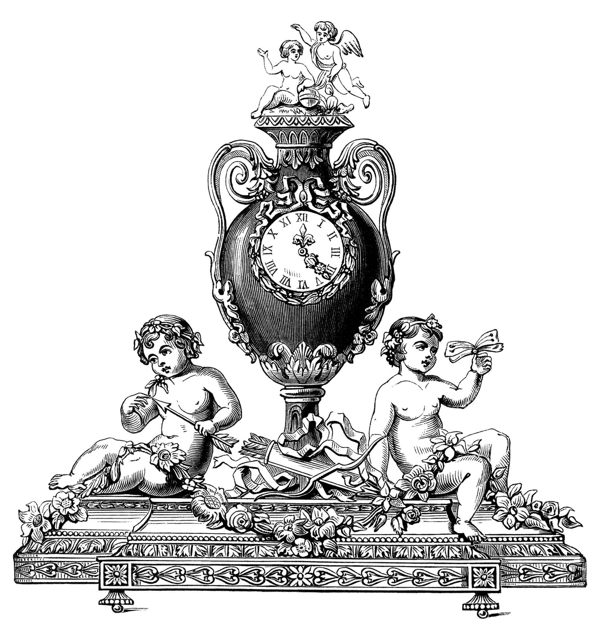 Ornate Rococo-style mantel clock with cherubs, floral motifs, and Roman numeral face, topped by two winged putti.