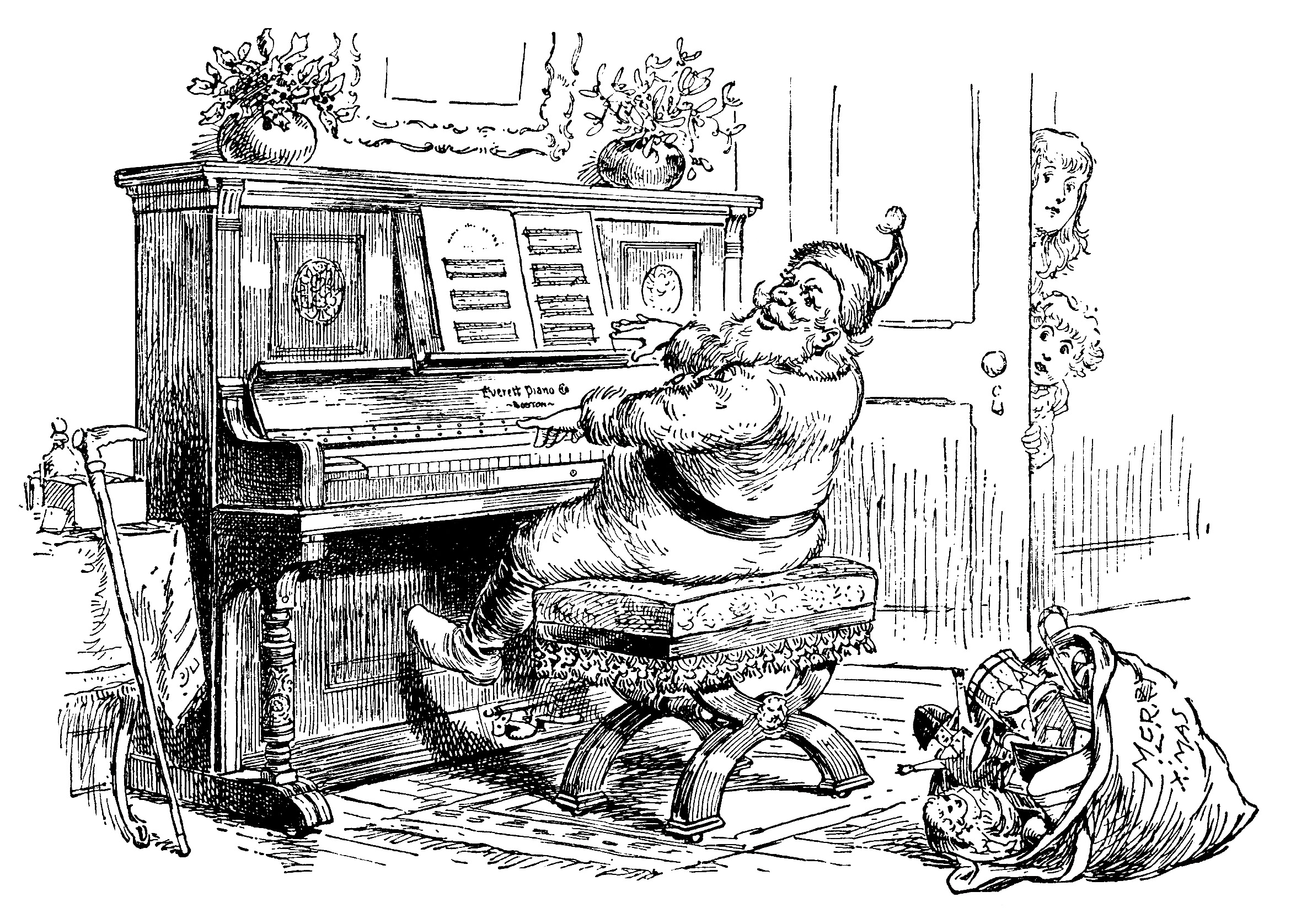 Vintage Santa Playing Piano - Classic Christmas Illustration
