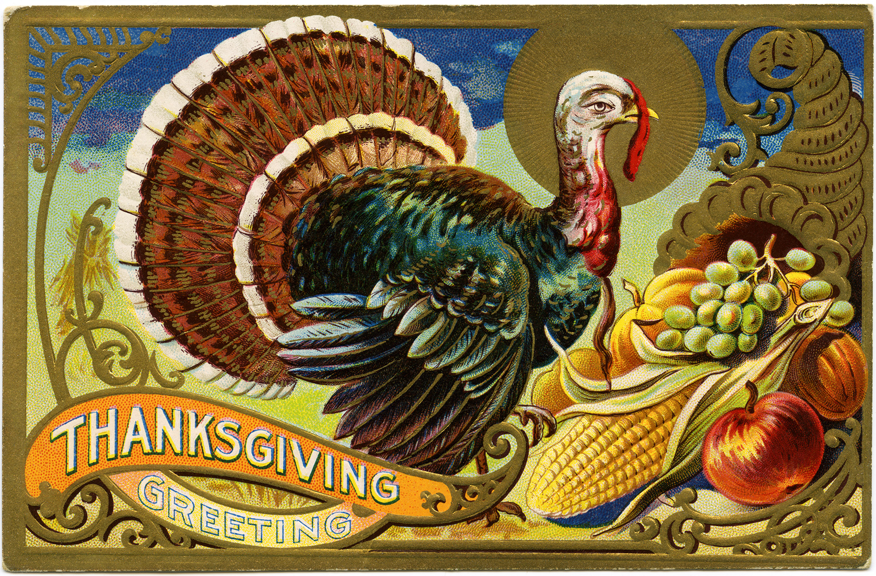Vintage Thanksgiving greeting card featuring a colorful turkey, cornucopia with fruits and vegetables, and ornate decorative borders.