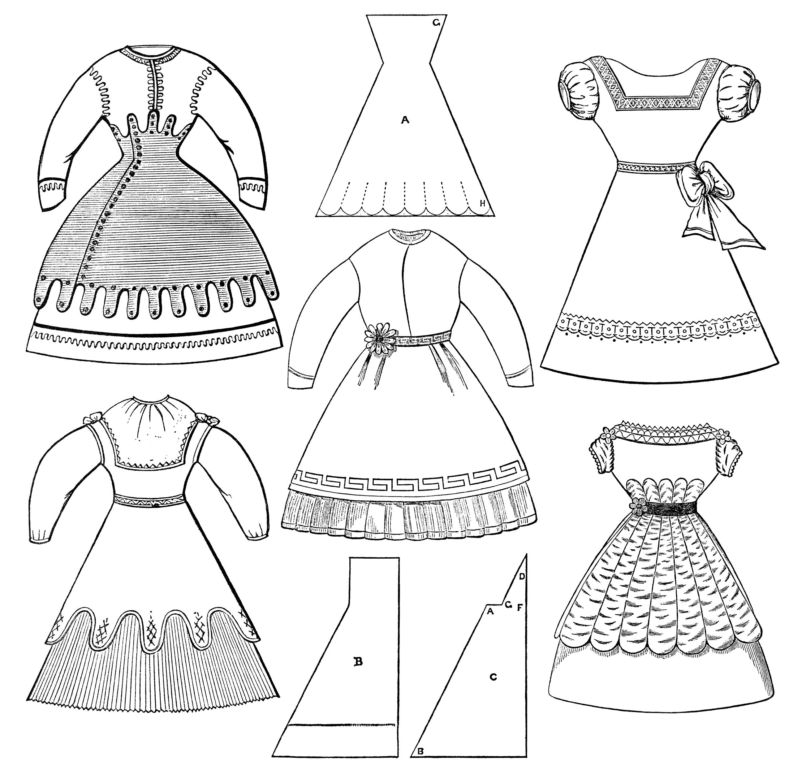 Vintage paper doll dresses with detailed embroidery, ruffles, and pattern pieces labeled A-H for crafting.