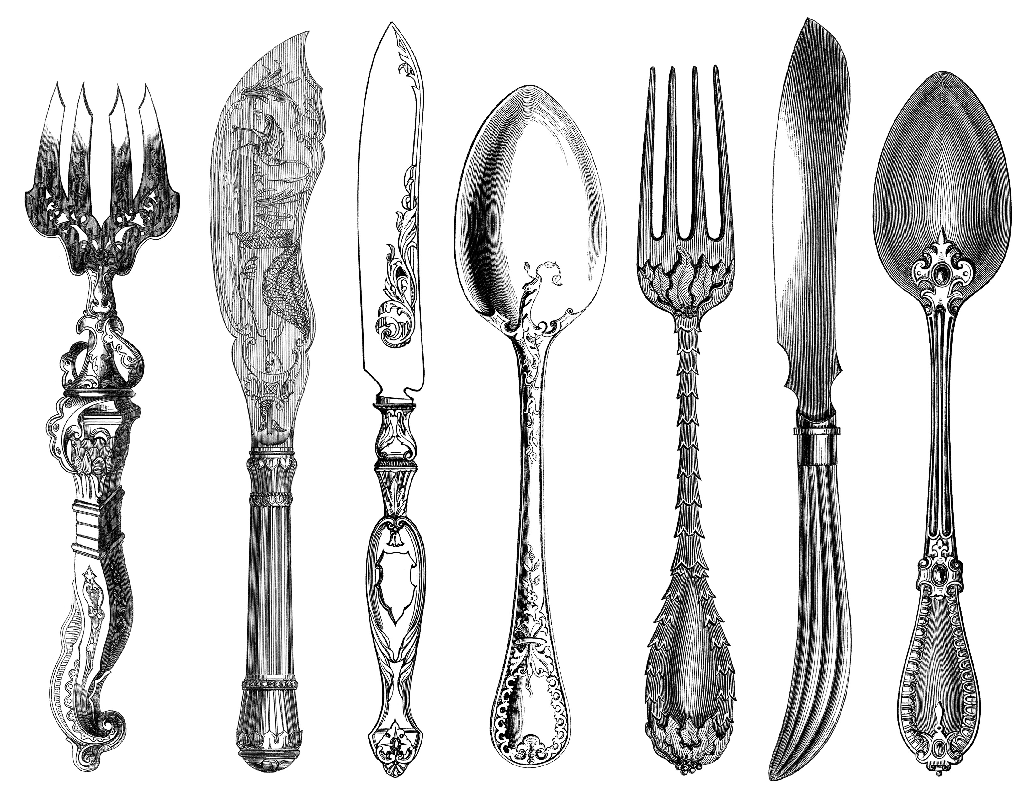 Intricate black-and-white engraving of seven ornate Victorian-era cutlery pieces including forks, knives, and spoons with elaborate handles.