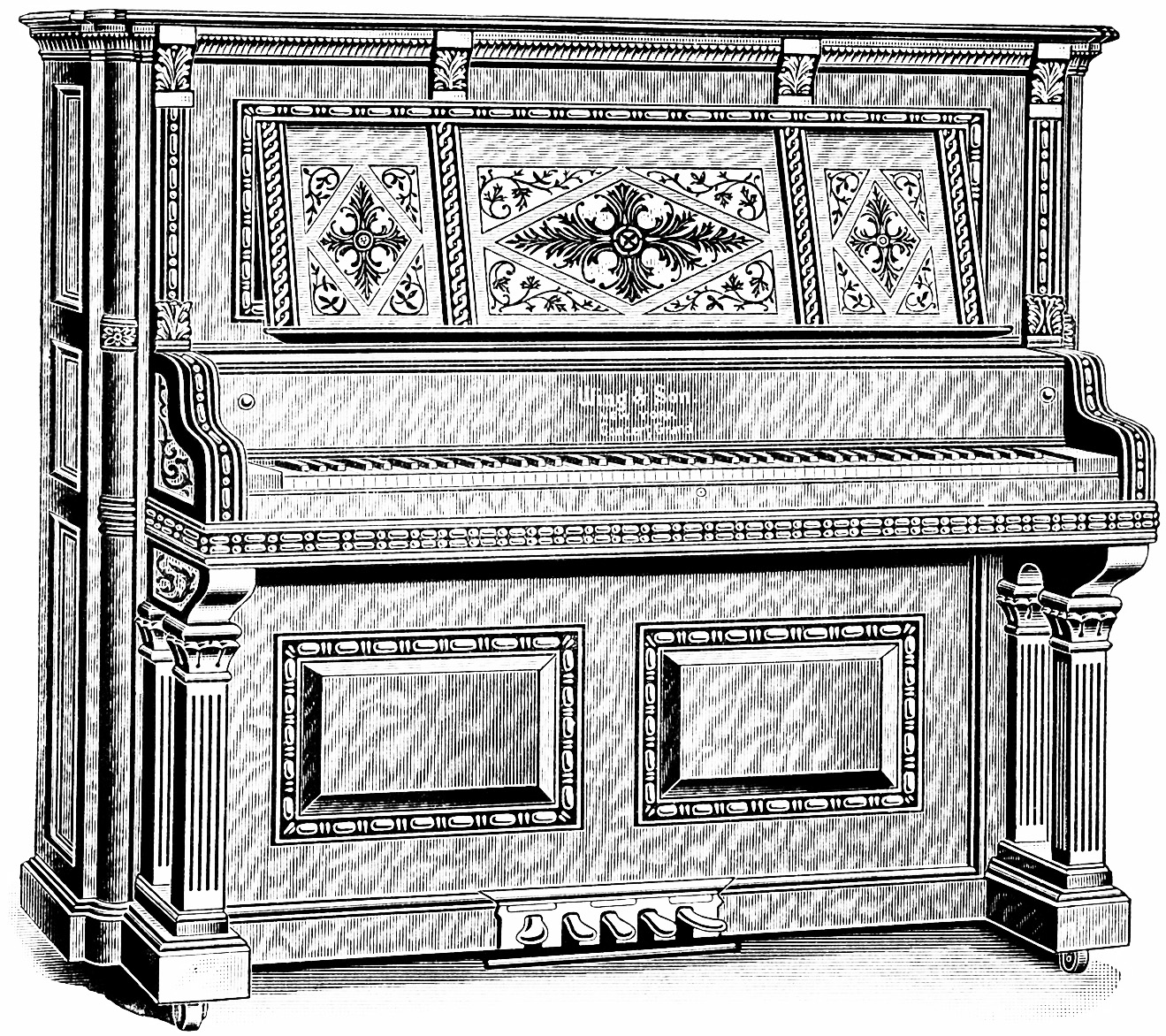 Vintage Upright Piano - Intricate Woodwork & Classical Design