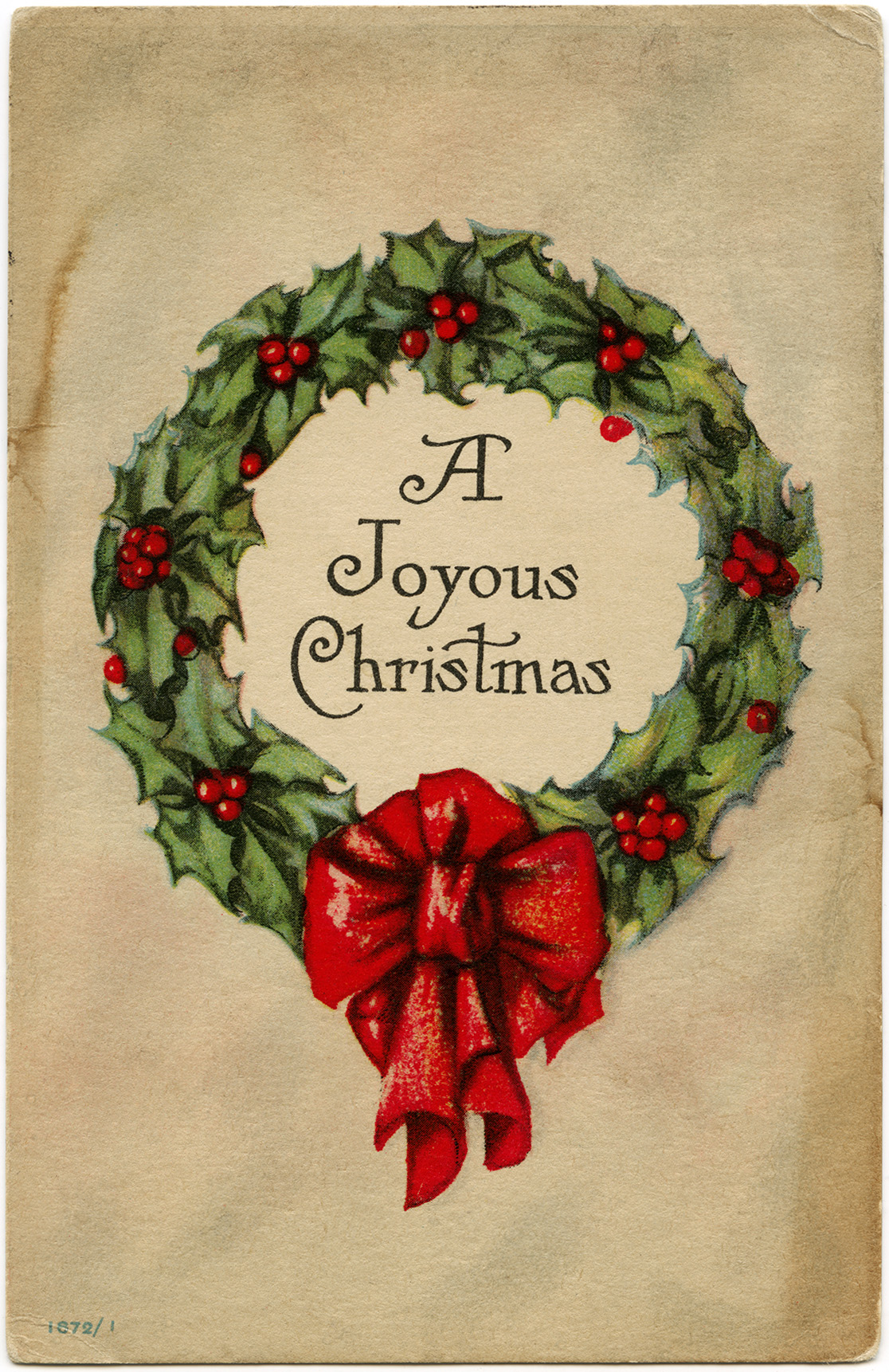 Vintage Christmas Card - Holly Wreath with Red Bow and Festive Greeting