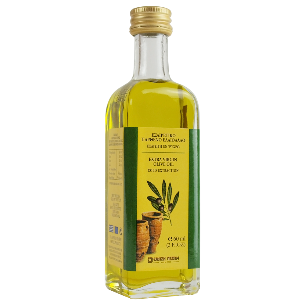 60ml glass bottle of extra virgin olive oil with yellow label, green borders, olive branch illustration, and gold cap.