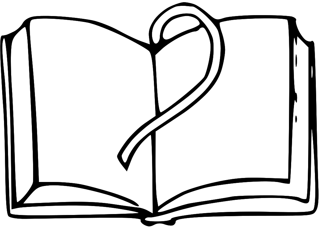 Open book with stylized letter "R" formed by pages and spine, black-and-white line drawing.