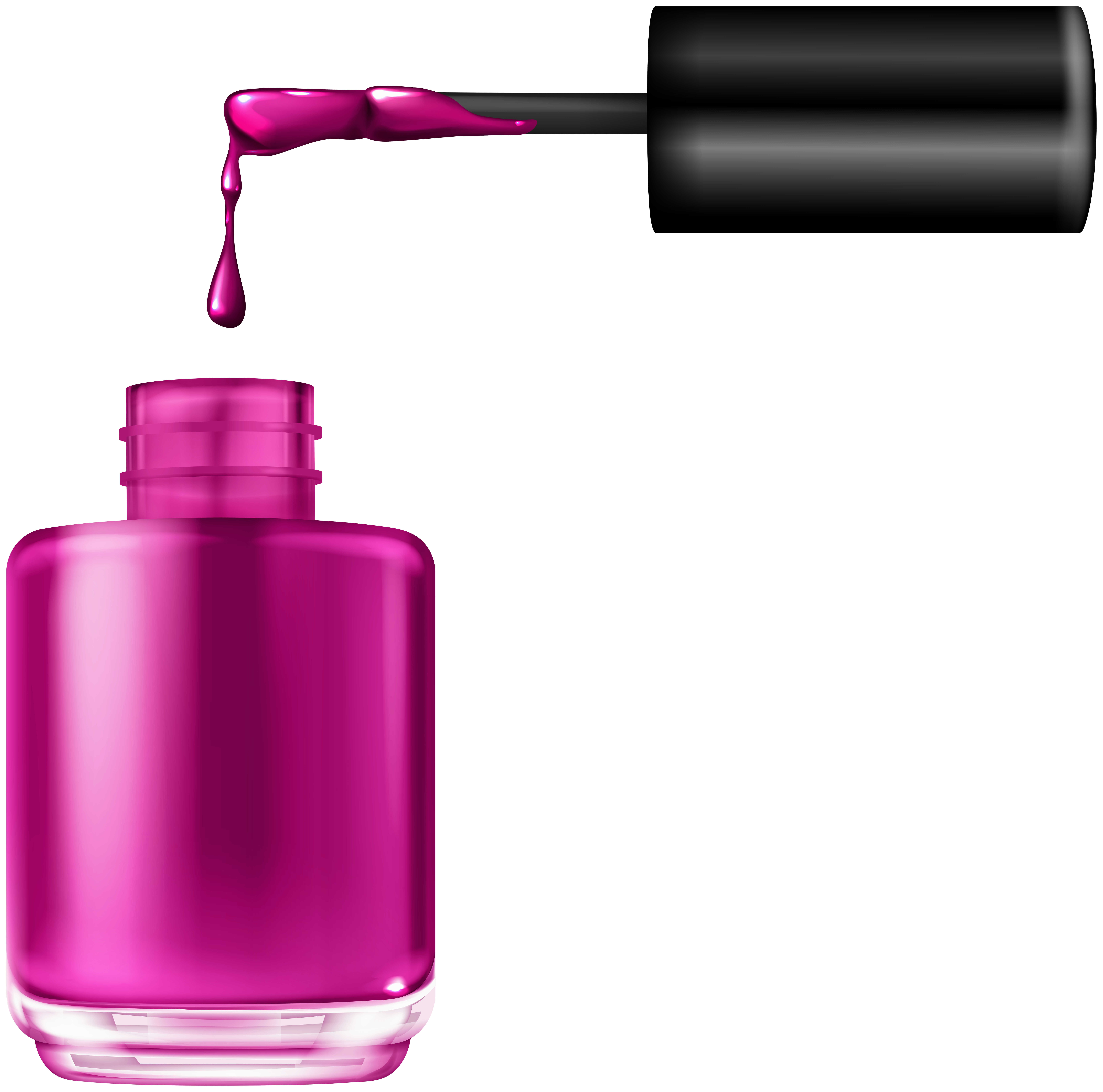 Vibrant magenta nail polish bottle with brush applying glossy drop of polish against white background.