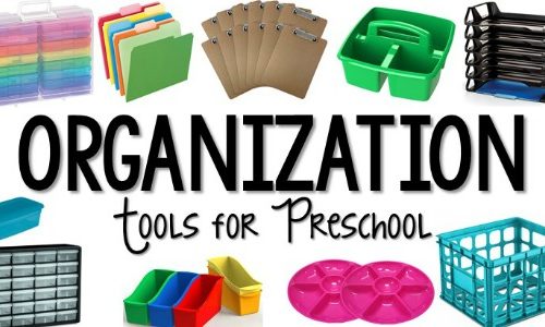 Collection of colorful preschool organization tools including bins, folders, trays, and storage containers.