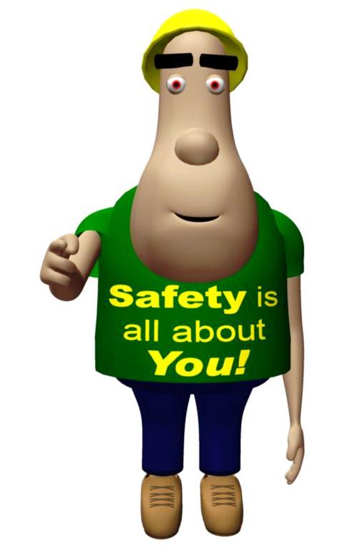 Cartoon safety mascot in yellow hard hat and green shirt reading "Safety is all about You!"
