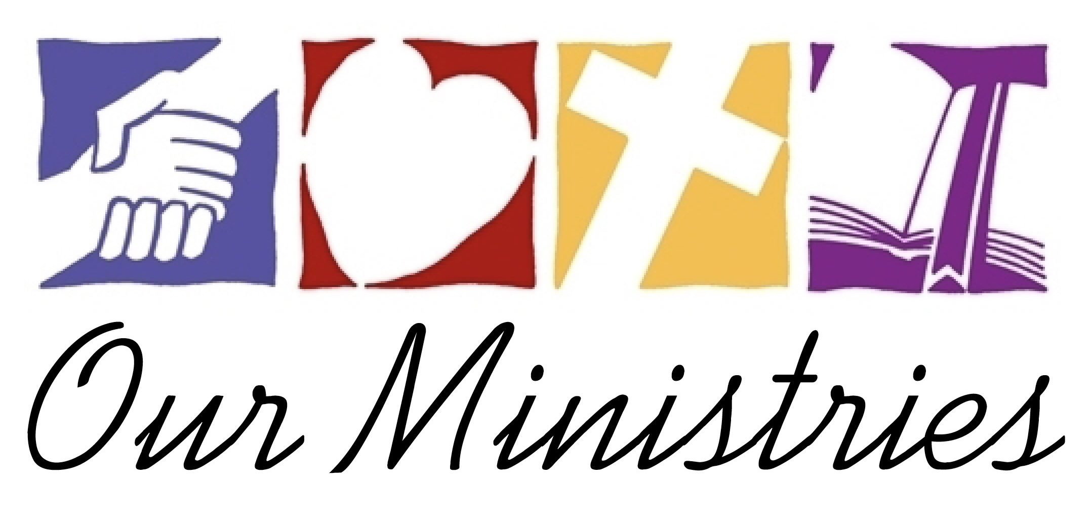 Logo for "Our Ministries" featuring handshake, heart, cross, and open book icons in purple, red, yellow, and violet.