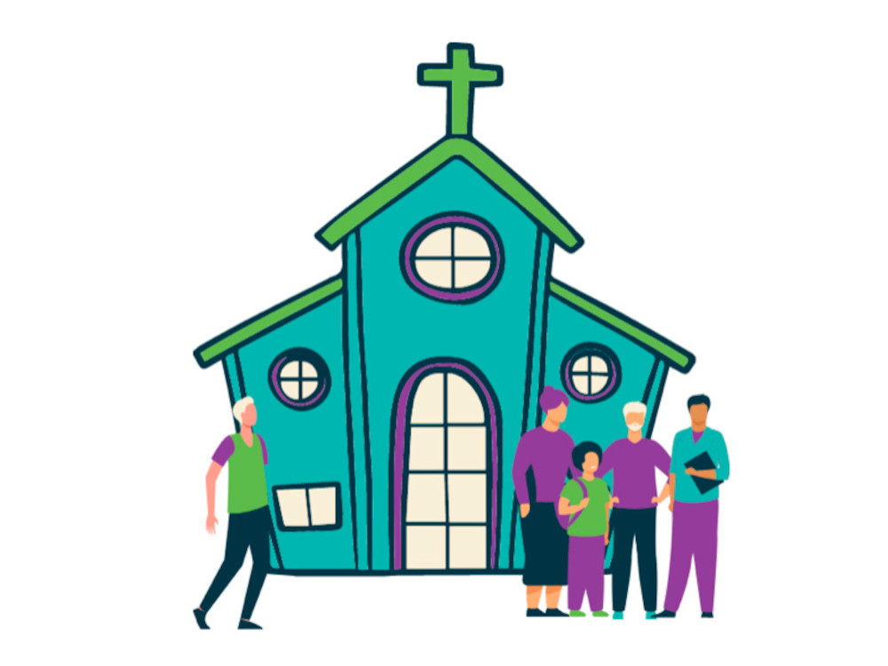 A colorful illustration of a teal church with a green cross and diverse people gathering outside.