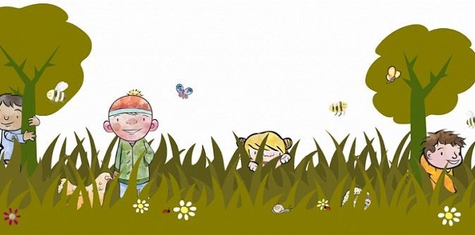 Four smiling children playing hide-and-seek in a sunny meadow with trees, flowers, and flying insects.