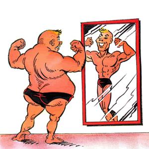 Overweight man flexing in front of mirror that reflects a muscular, idealized version of himself.