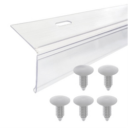 Clear plastic shower door seal strip with five white mounting screws.