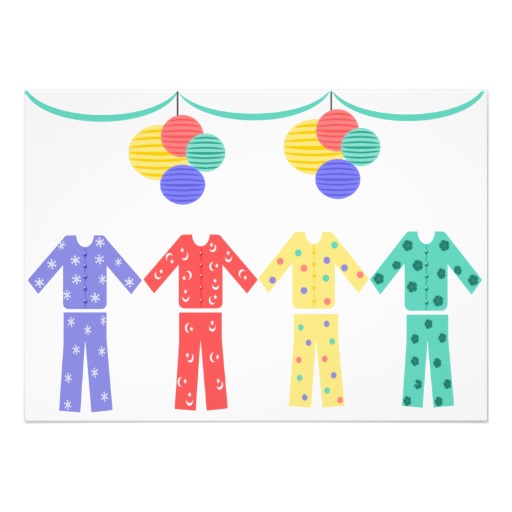 Four colorful pajama sets with snowflakes, moons, polka dots, and clovers, hanging under festive paper lanterns.