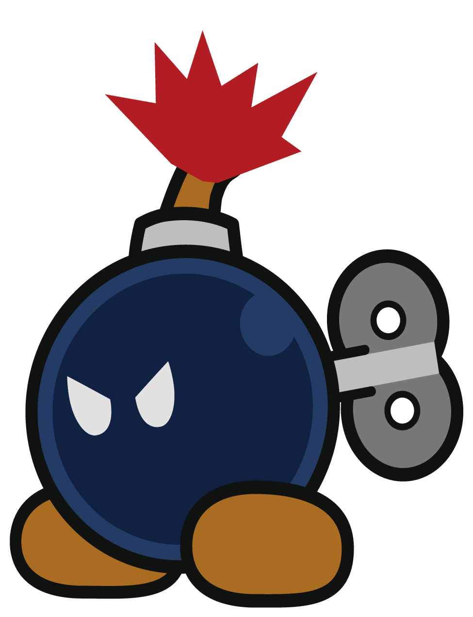 A cartoon bomb character with angry eyes, brown feet, a lit fuse, and a gray pacifier in its mouth.