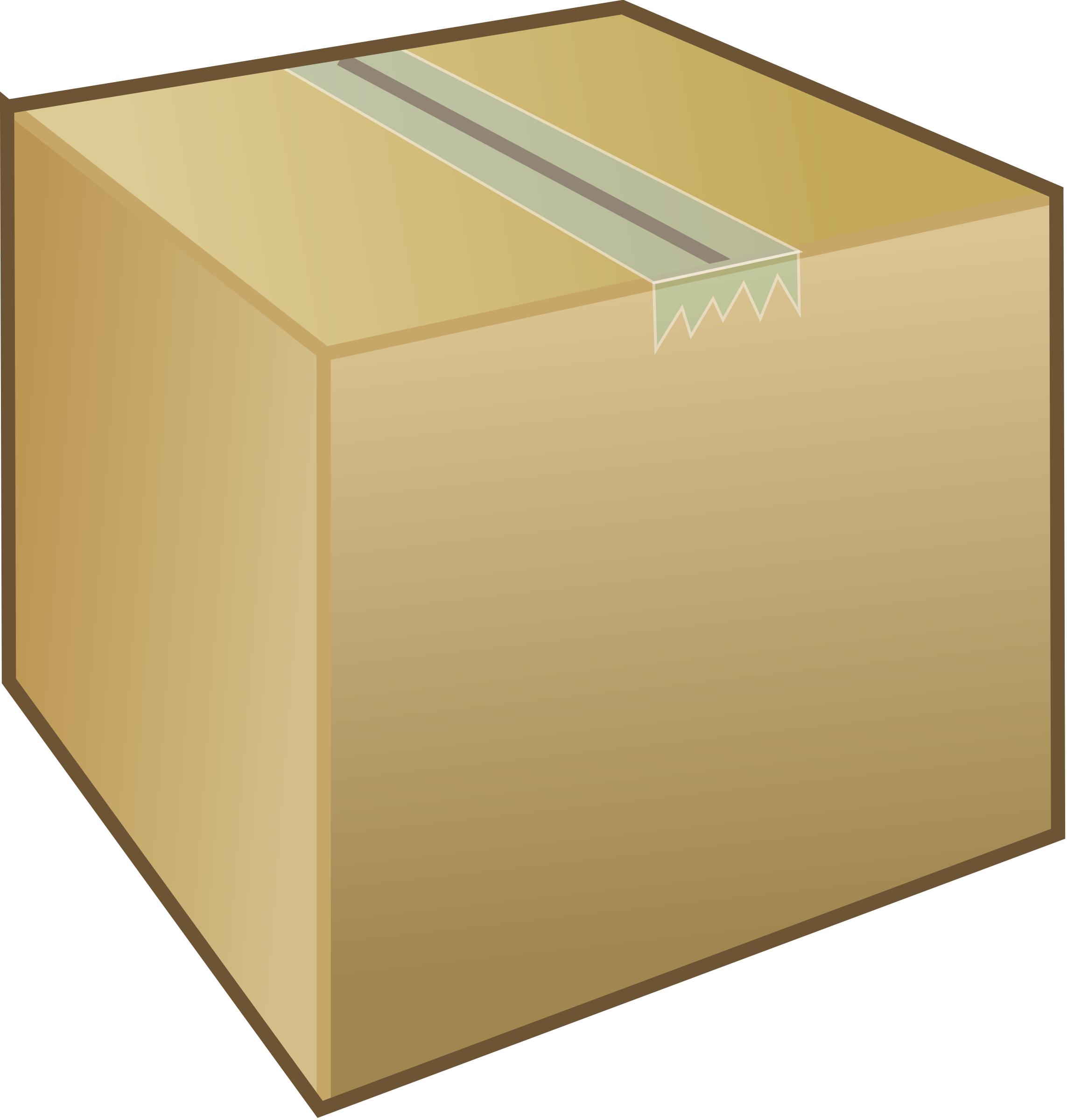 Sealed brown cardboard shipping box with greenish tape and serrated edge flap.