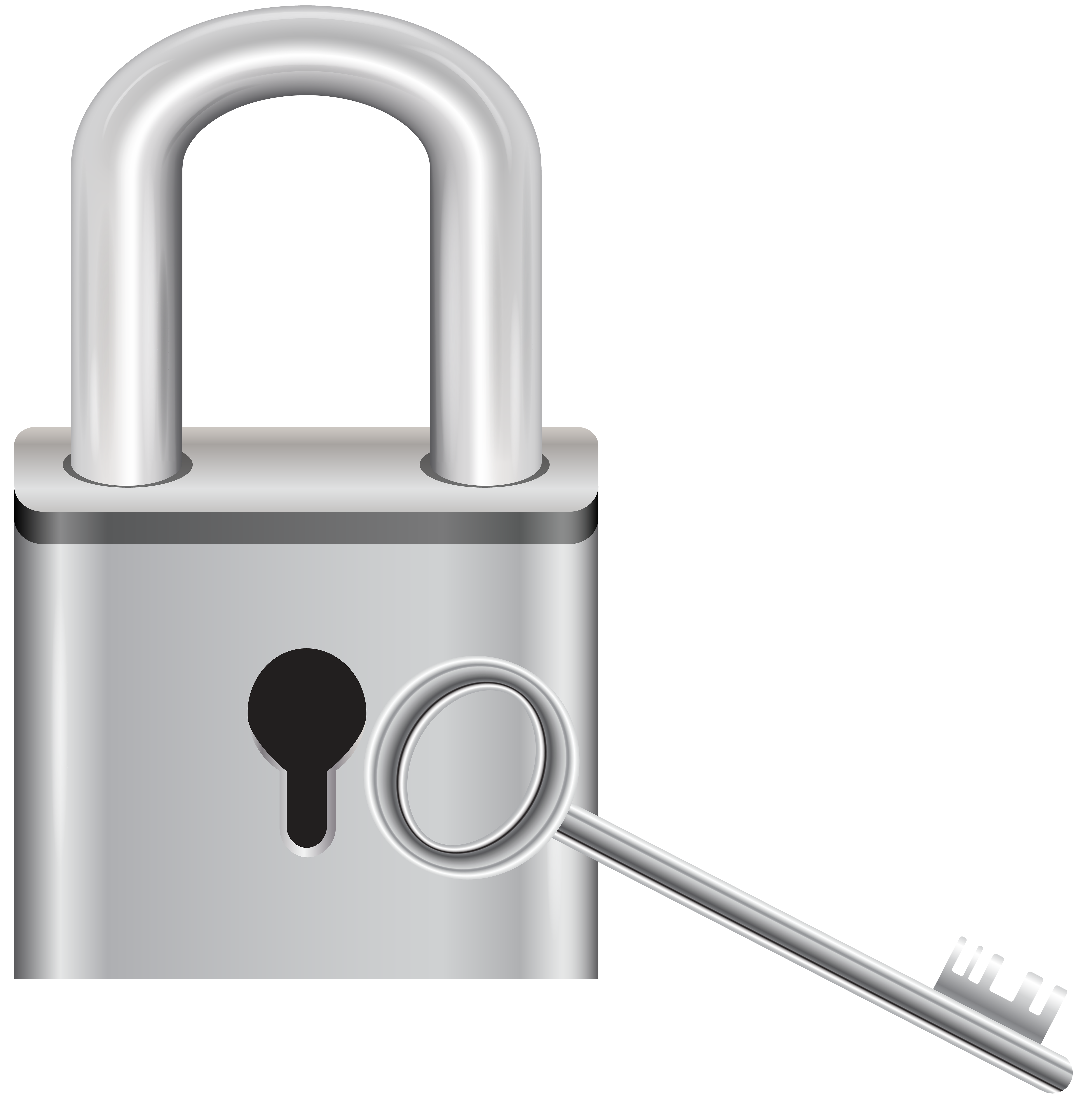 Silver padlock with key inserted and magnifying glass highlighting the lock mechanism.