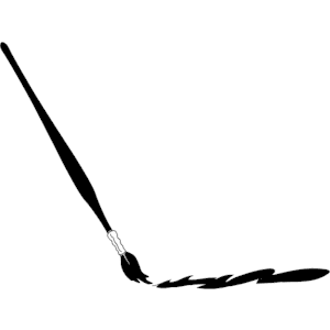 A black ink brushstroke on white background, showing a paintbrush mid-stroke with flowing ink trail.