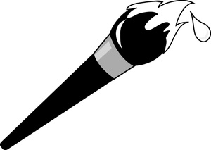 Black paintbrush with flame-shaped bristles and a drop of liquid, stylized monochrome illustration.