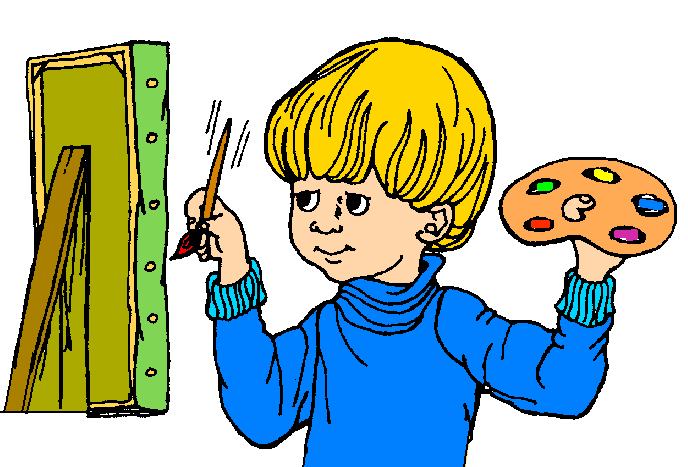 A blond child in a blue turtleneck holds a paintbrush and palette, painting on a green-framed canvas.
