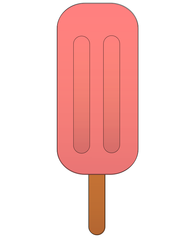 Pink popsicle with two vertical indentations on a wooden stick, isolated on black background.