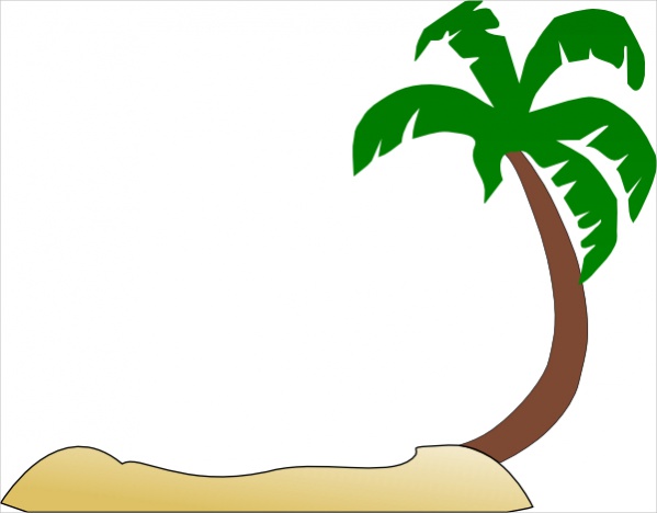 A stylized green palm tree leaning over a sandy beach mound on a white background.