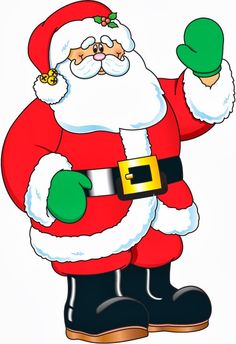 Jolly Santa Claus in red suit with green mittens, waving cheerfully.