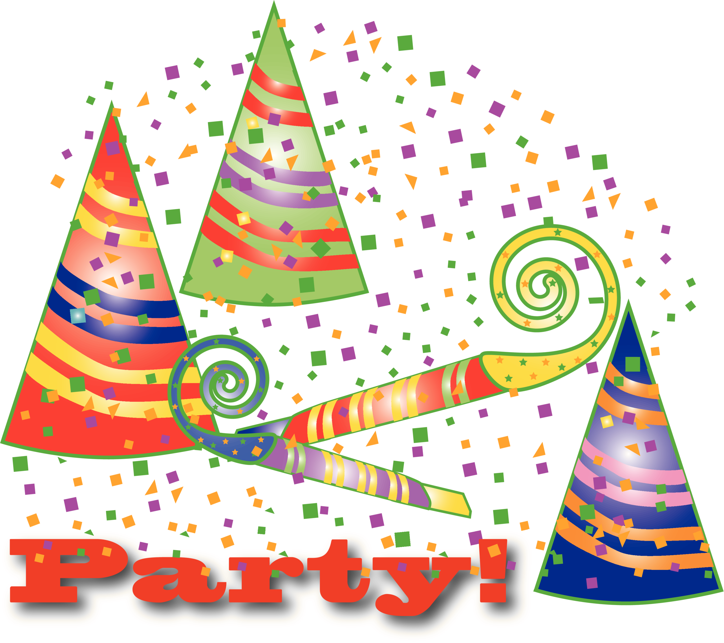 Colorful party hats, confetti, and noisemakers with bold "Party!" text on black background.