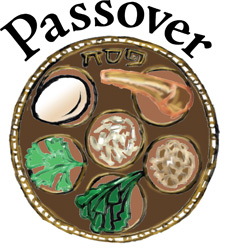 Illustrated Passover Seder plate with traditional symbolic foods including matzah, maror, charoset, karpas, zeroa, and beitzah.