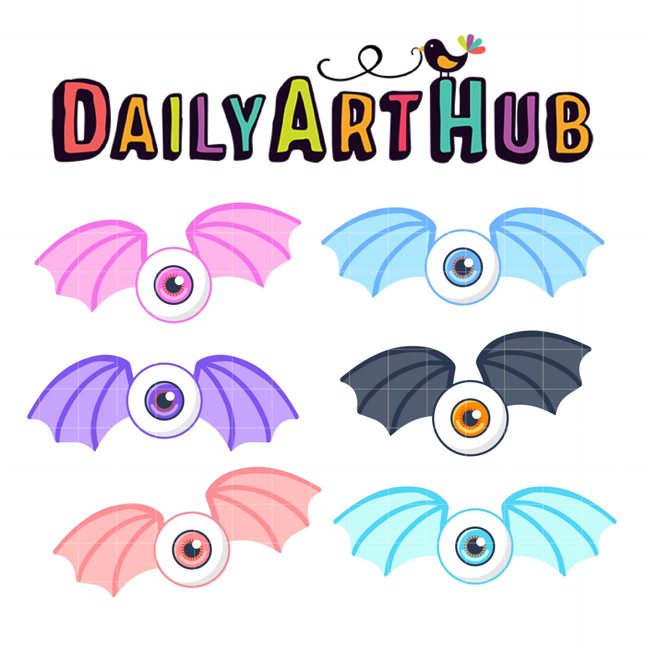 Colorful cartoon bat-winged eyeballs in six pastel and dark color variations, under DailyArtHub logo with decorative bird.
