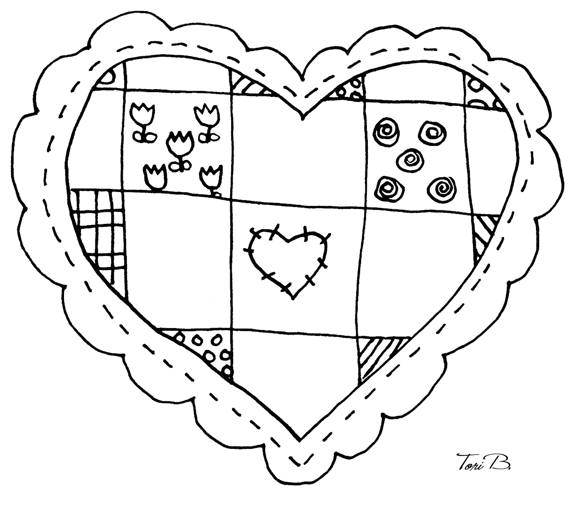 Hand-drawn heart-shaped quilt pattern with floral motifs, stitched border, and central stitched heart by Tori B.