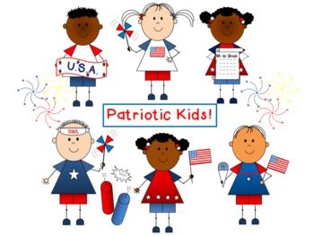 Six diverse cartoon children in patriotic red, white, and blue outfits holding U.S. flags, signs, and fireworks.