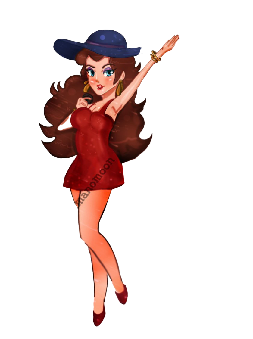 Anime-style woman in red hat and dress holding a Super Star, surrounded by rainbow musical notes.